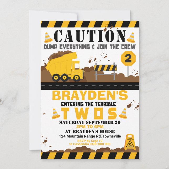 Dump Truck Party Invitation 2nd Birthday (Front)