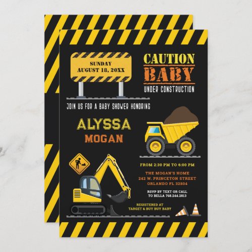 Dump Truck Party Under Construction Baby Shower Invitation