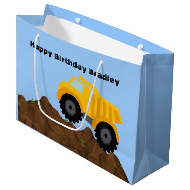 Dump Truck Personalized Birthday Large Gift Bag (Front Angled)