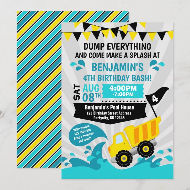 Dump Truck Pool Party Summer Construction Birthday Invitation (Front/Back)