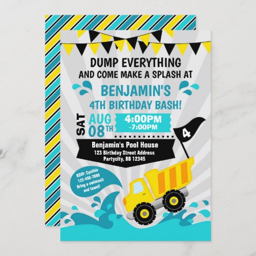 Dump Truck Pool Party Summer Construction Birthday Invitation