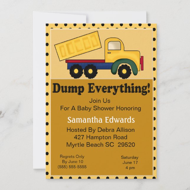 Dump Truck Theme Baby Shower Invitation (Front)