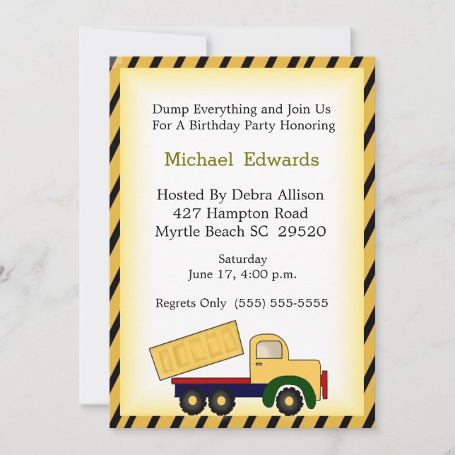 Dump Truck Theme Birthday Party Invitation (Front)