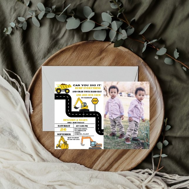 Dump Truck Twin Boy Construction Birthday Invitation (Creator Uploaded)