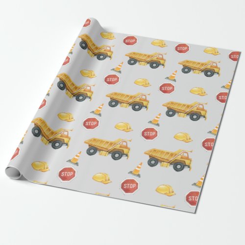 Dump Truck Under Construction Cute Watercolor Kid Wrapping Paper