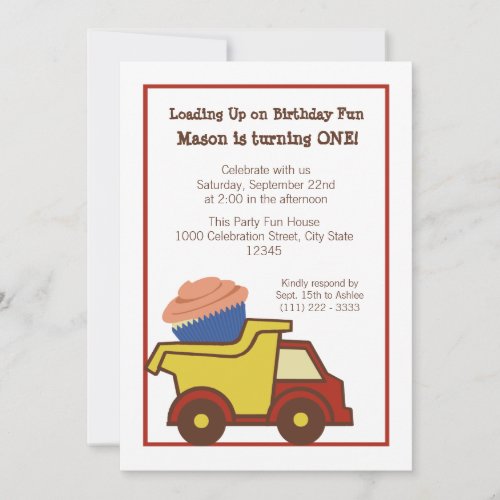 Dump Truck with Cupcake Red Invitation
