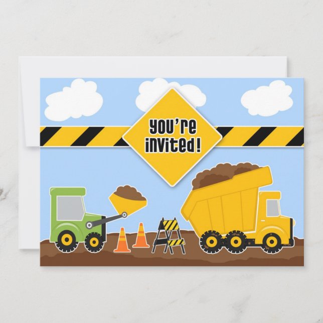 Dump Trucks Construction Birthday Flat Invitation (Front)