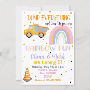Dump trucks & rainbow siblings invitation. invitation