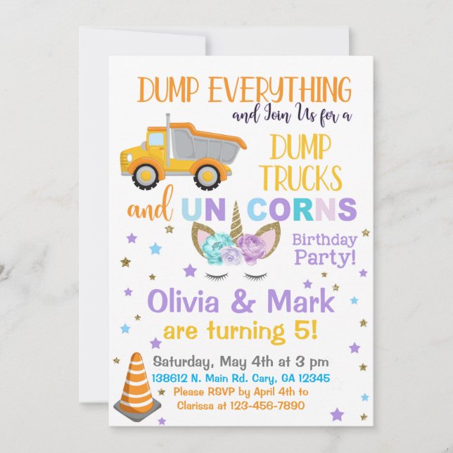 Dump trucks & unicorn siblings invitation. invitation (Front)
