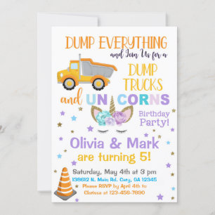 Dump trucks & unicorn siblings invitation. invitation