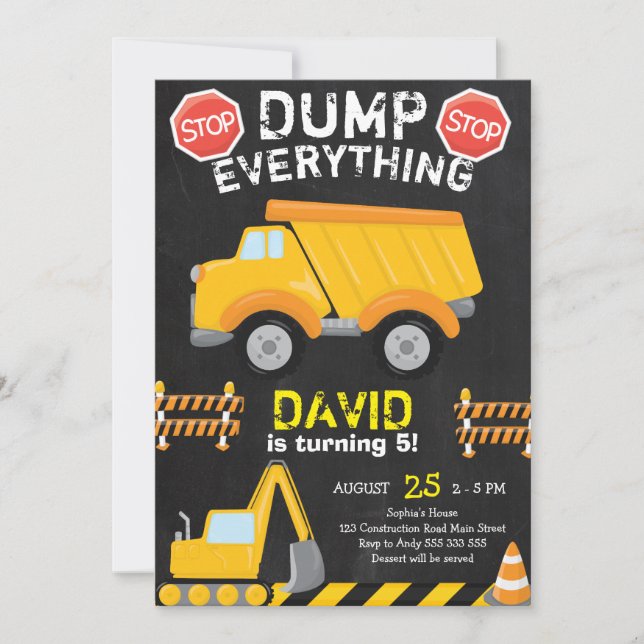 Dump Yellow Truck Construction Birthday Chalkboard Invitation (Front)