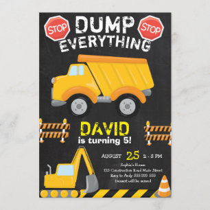Dump Yellow Truck Construction Birthday Chalkboard Invitation
