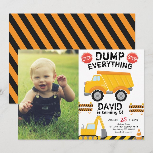Dump Yellow Truck Construction Birthday with Photo Invitation (Front/Back)