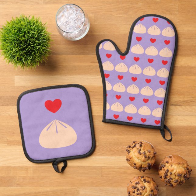 Dumpling Love Ube  Oven Mitt & Pot Holder Set (Top Down)