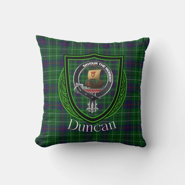 Duncan Scottish Clan Tartan and Crest Throw Pillow (Front)