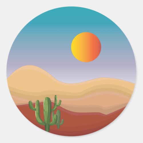 dune sunset with cactus plant classic round sticker