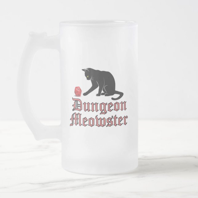 Dungeon Meowster Funny RPG Cat with Dice Frosted Glass Beer Mug (Left)