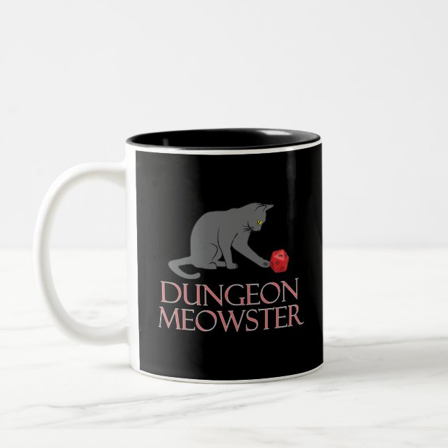 Dungeon Meowster Funny RPG Cat with Dice Two-Tone Coffee Mug (Left)