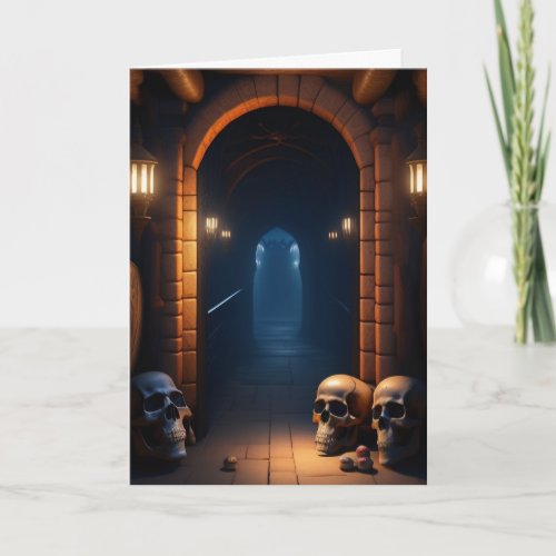 Dungeon with Three Skulls Halloween Card