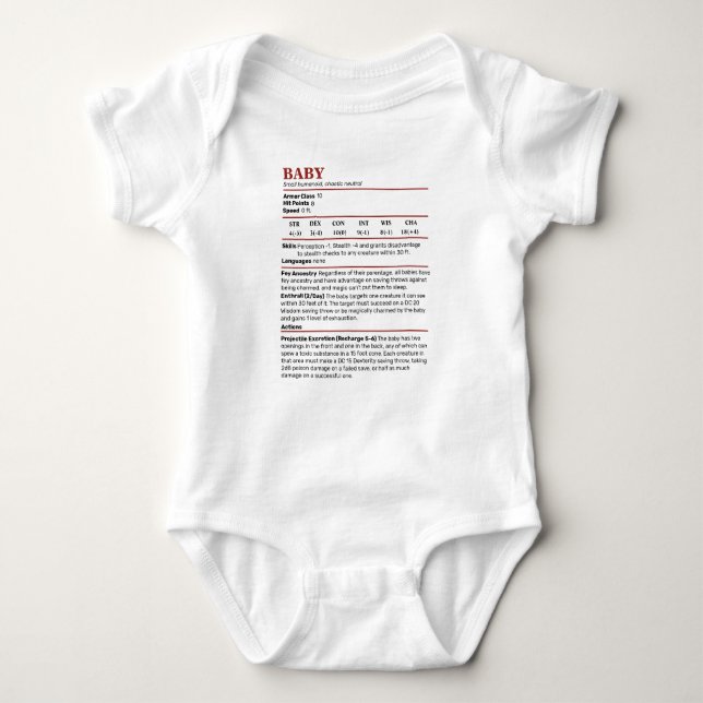 Dungeons & Dragons Baby Stat Block Baby Bodysuit (Front)