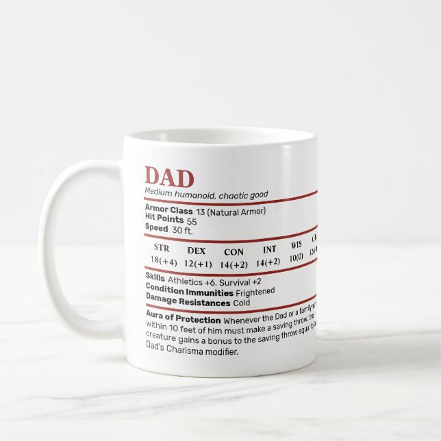 Dungeons & Dragons Dad Stat Block Mug (Left)