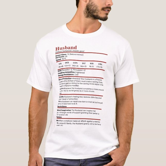 Dungeons & Dragons Husband Stat Block T-Shirt (Front)