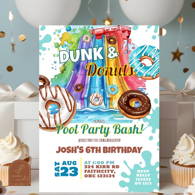 Dunk and Donut Waterslide Pool Party Birthday Invitation (Creator Uploaded)