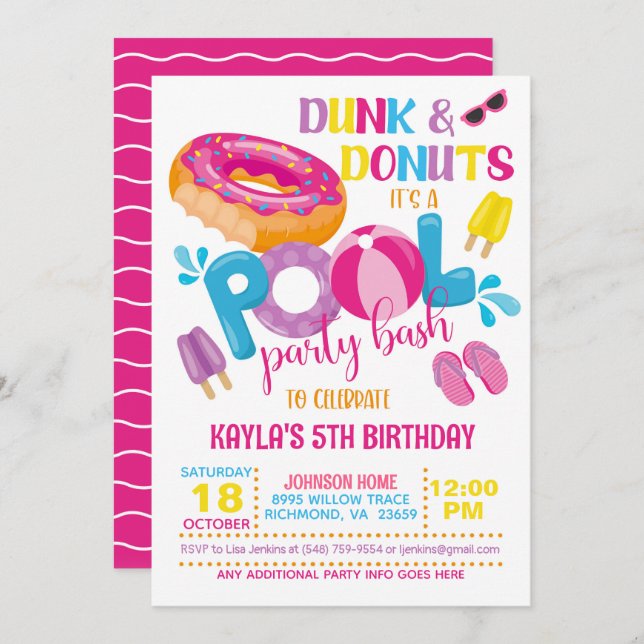 Dunk & Donuts Pool Party Invitation (Front/Back)