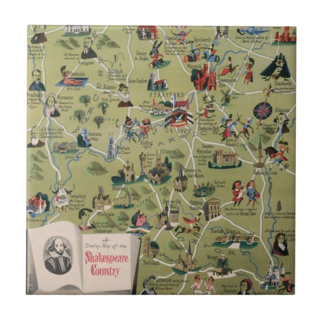 Dunlop Map of Shakespeare Country, England Ceramic Tile (Front)