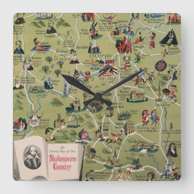 Dunlop Map of Shakespeare Country, England Square Wall Clock (Front)