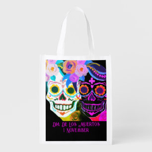 Duo Floral Sugar Skull Dia De Los Muertos  Grocery Bag