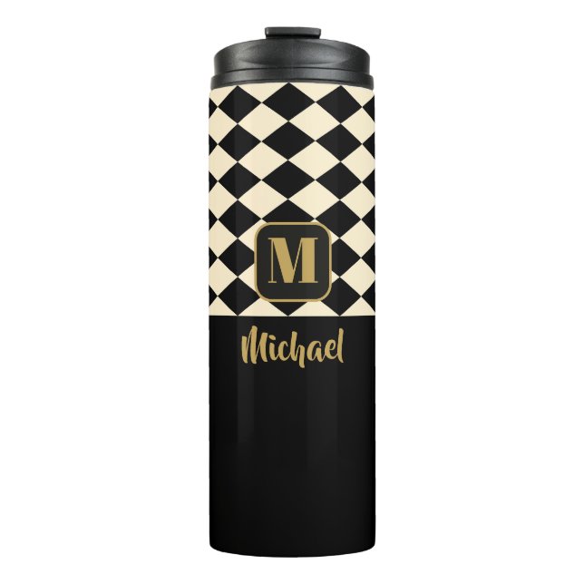 Duo Geo Black & Ivory Cream Custom Names Thermal Tumbler (Front)