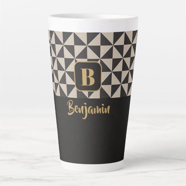 Duo Geo Black & Stone Gray Custom Names Latte Mug (Front)