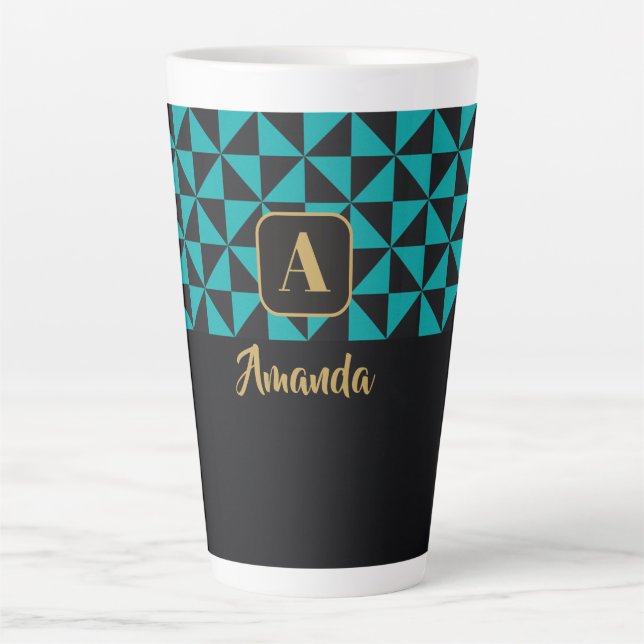Duo Geo Black & Teal Custom Names Latte Mug (Front)