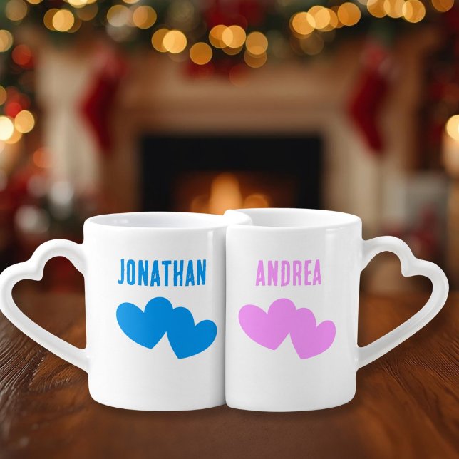 Duo pink and blue heart and name coffee mug set (Creator Uploaded)