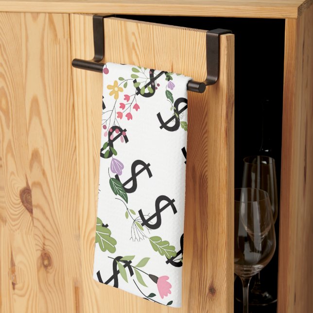 Duo Tone Dollar $ign White Floral Kitchen Towel (Thirds Fold)