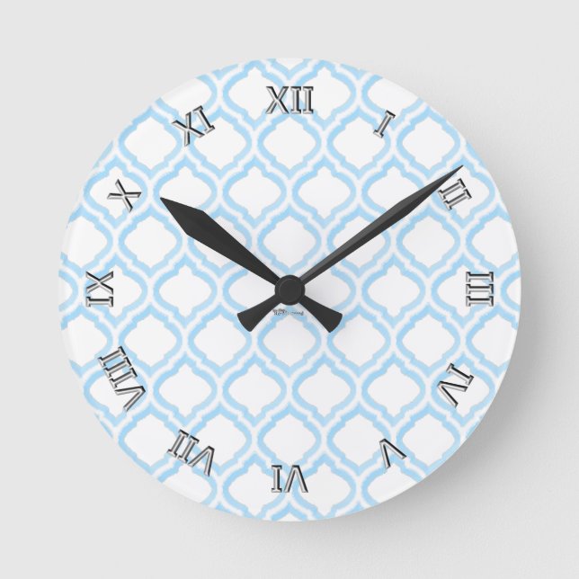 Duo-tone Moroccan Trellis (Blue) (Monogram) Round Clock (Front)