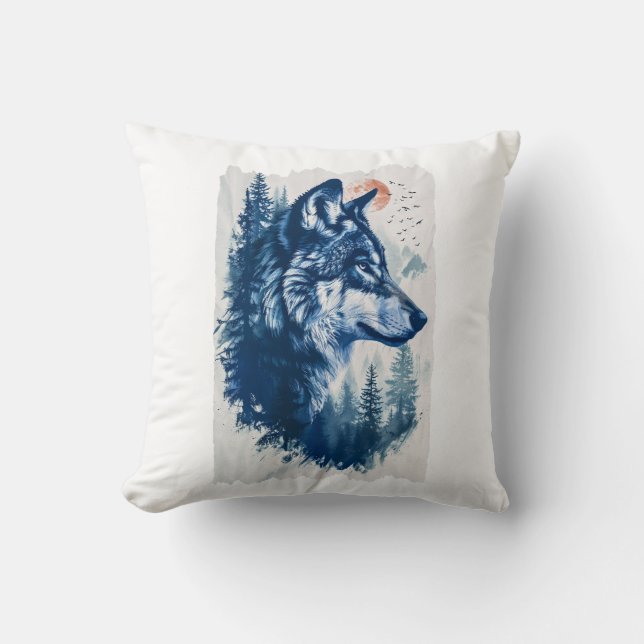 Duo Tone Wolf Illustration Throw Pillow (Front)