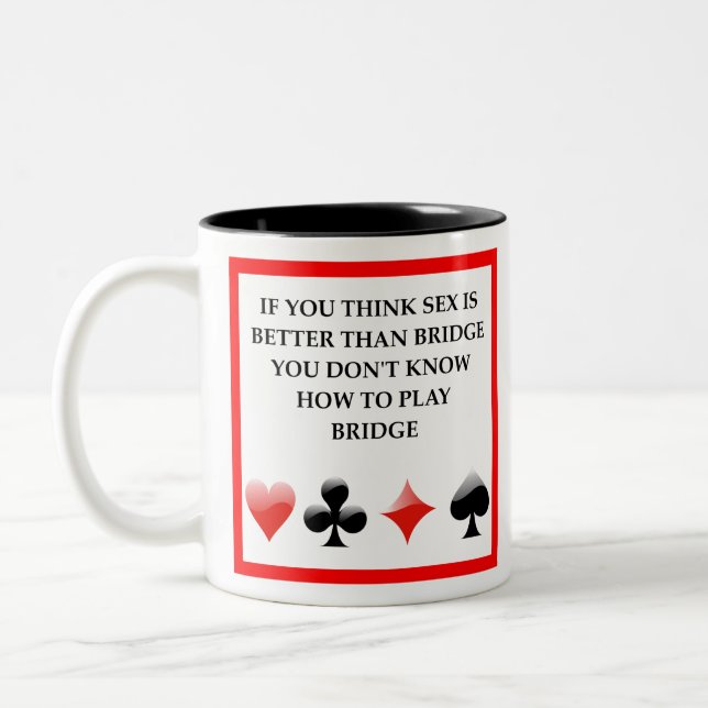 duplicate bridge joke Two-Tone coffee mug (Left)