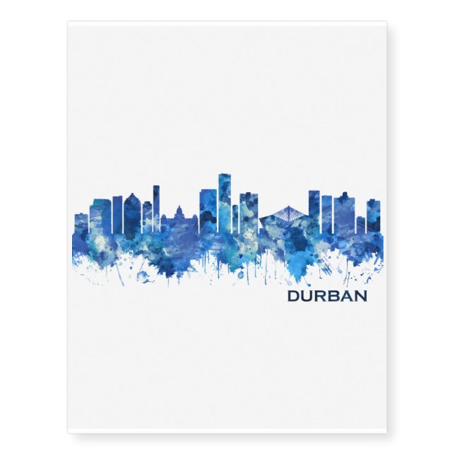 Durban South Africa Skyline Blue Temporary Tattoos (Front)