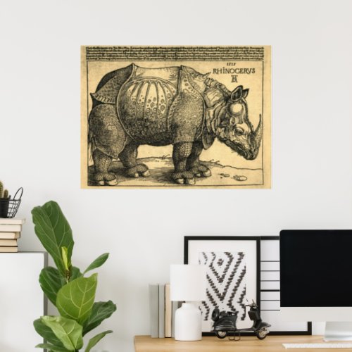 Durer Rhinoceros woodcut antique style beige Poster