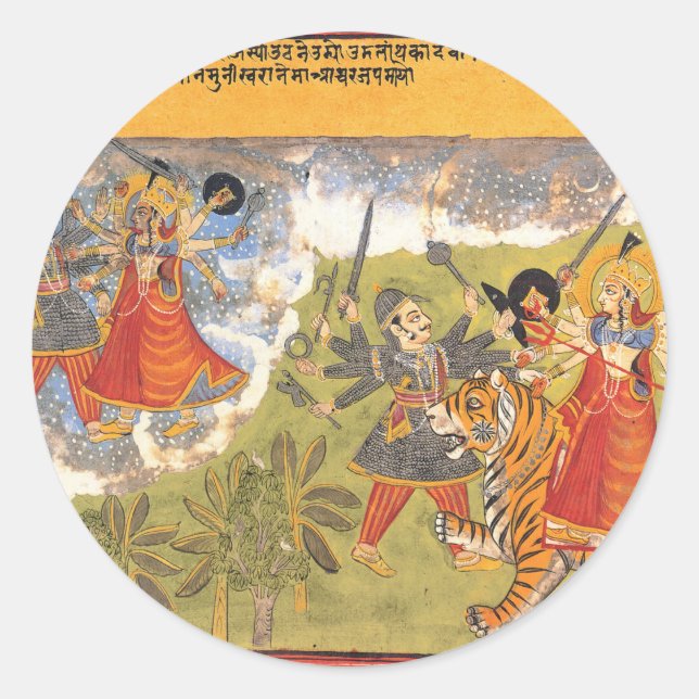 Durga fights the Daitya Raja Classic Round Sticker (Front)