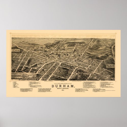 Durham NC Panoramic Map _ 1891 Poster
