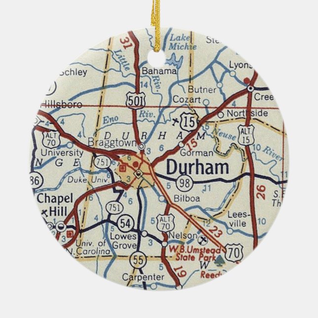 Durham NC Vintage Map Ceramic Ornament (Back)