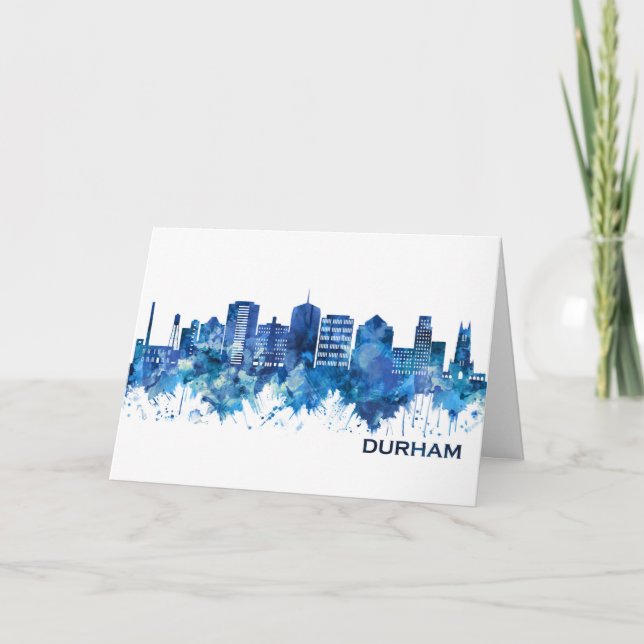 Durham North Carolina Skyline Blue Holiday Card (Front)