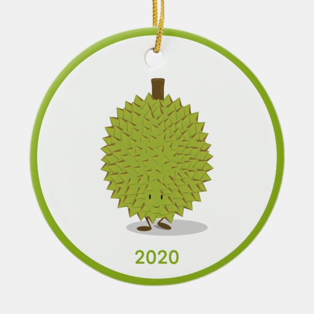Durian Fruit Cartoon Green White Year 2020 Ceramic Ornament (Front)