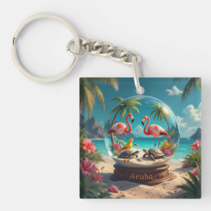 Dushi aruba beach globe with flamingos keychain