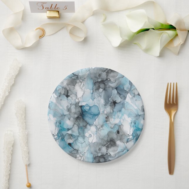 Dusk Blue Grey Alcohol Liquid Ink Swirls Paper Plates (Wedding)