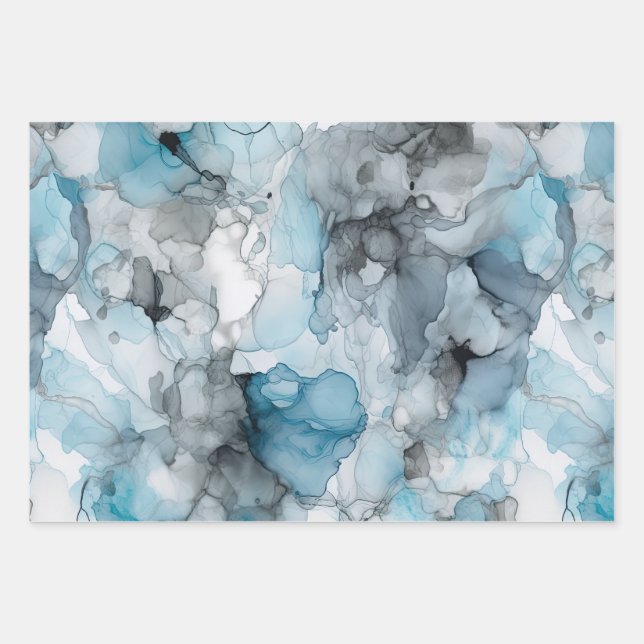 Dusk Blue Grey Alcohol Liquid Ink Swirls Wrapping Paper Sheets (Front)
