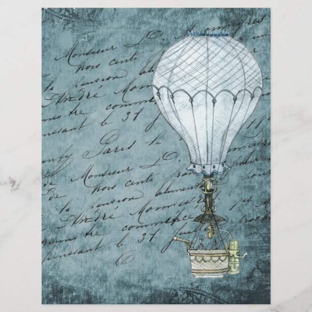 Dusk Blue Hot Air Balloon Steampunk Handwriting (Front)